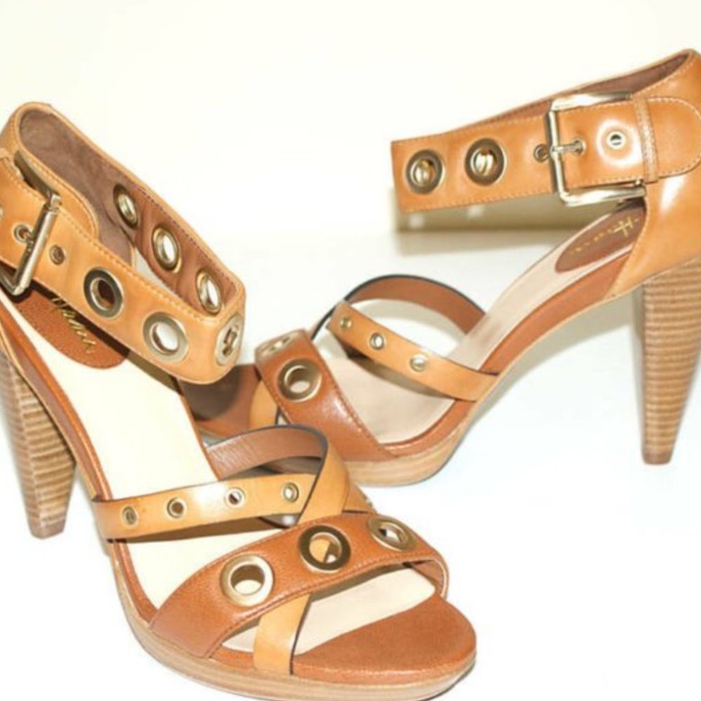 COLE HAAN Women’s Air Whitney Tan and Brown Leather Heels with Gold Hardware